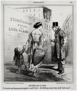 Clases de alquiler: ¡Estoy buscando una buena pensión para este pequeño niño turco!... No era lo suficientemente apto o lo era antes. Unos días después de que las tropas francesas e inglesas entraran en Turquía (18 de octubre de 1860). Ilustración de Honor de Honoré Daumier