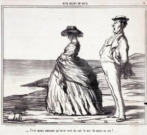 Serie "Los Baños de Mar": "¡Es menos divertido de lo que piensas ver el mar de la mañana a la noche!". Caricatura sobre turistas de vacaciones. Grabado de Honoré Daumier (1808-1879). Extracto del periódico "Le Charivari" del 9 de septiembre de Honoré Daumier