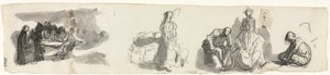 Hoja de estudios con un grupo de cuatro figuras a la derecha, bocetos de varias figuras de Honoré Daumier