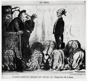El enviado americano obteniendo una audiencia del Emperador de China. En la serie En Chine, ilustración de Honoré Daumier (1808-1879), publicada en "Charivari", con fecha 21 de octubre de Honoré Daumier