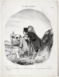 The Good Bourgeois, Plate 23: "But yes, my dear, I assure you that this gentleman is drawing a landscape...is it not so, sir, that you are drawing a landscape?" (Les bons bourgeios, planche 23: Mais si, ma femme...monsieur dessine un paysage..)