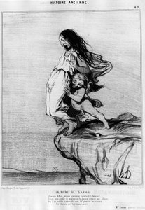 La muerte de Safo (Sappho). “Joven dama, ¡mira o guíanos Amor! Bajo nuestros pies tan lindos, el gueux cava un abismo, o caemos fácilmente; porque del placer al crimen el camino es muy corto.” Serie de la “Historia antigua”, caricatura de Honoré Daumier (1