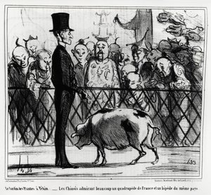 El jardín de plantas en Pekín: los chinos admirando un cuadrúpedo de Francia y un bip de el mismo país. Ilustración de Honoré Daumier (1808-1879), publicada en "Charivari", China Actualidades de Honoré Daumier