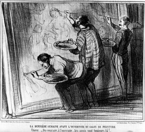 La última semana antes de la apertura del Salón de Pintura. Choughtness -De coraje para trabajar, los amigos siempre están ahí!... , tomado de "Pinturas y Salones", serie de caricaturas de Honoré Daumier (1808-1879). "Charivari"