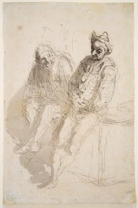 Dos Saltimbanques, c.1865-73 (tinta negra-gris, aguadas grises sobre papel) de Honoré Daumier