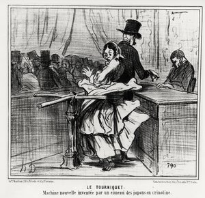 Exposición universal: el torniquete: una nueva máquina inventada por un enemigo de las enaguas de crinolina. Ilustración de Honoré Daumier, publicada en las noticias, “Charivari”, fechada el 26 de junio de 1855 de Honoré Daumier