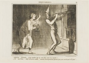 "- Adelaide, Adelaide.. Creo que puedo ver venir el cometa!!... - Oh Dios mío... este es el fin del mundo.... que fastidio. Prometieron que no llegaría hasta el 13 de junio!," lámina 31 de Croquis Parisiens