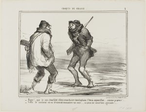 "- ¡Brrrr! Estoy furioso por haber venido a cazar al St. Denis-Plain. Hace demasiado frío... - Uno de esos días en los que te encantaría cazar un oso. Su piel sería más que bienvenida en este momento!," placa 3 de Croquis De Chasse de Honoré Victorin Daumier