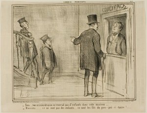 "- Pero usted me dijo que no se admiten niños en esta casa... - Señor, estos no son niños... ¡son los hijos del dueño!...", lámina 23 de Croquis Parisiens, - par Daumier de Honoré Victorin Daumier