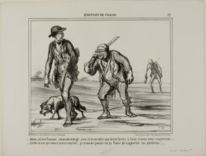 "- Vamos, vamos, Sr. Pomard... mantenga el ánimo... sólo dos leguas más y podremos descansar... - Qué suerte, no embolsamos nada... No tendría fuerzas ni para cargar una perdiz", lámina 21 de Émotions De Chasse. de Honoré Victorin Daumier