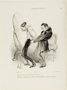 "- ¡Basta, basta, es demasiado apretado!! - Pero en absoluto, Monsieur, ¡esta tela le sienta como un guante!", plato 5 de Coquetterie de Honoré Victorin Daumier