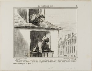 "- Hola, vecino... ¿qué era todo ese griterío... viste el cometa - Creí haberlo visto por allí... pero entonces era sólo el fuego de una chimenea... esta vez nos libramos sin más que un susto", lámina 3 de La Cométe De 1857. de Honoré Victorin Daumier