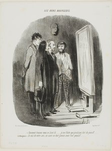 "- ¿Cómo se encuentra este santo allí.... Intenté que no pareciera demasiado convencional.... El burgués: - Estoy de acuerdo, un santo nunca debe parecer corto", plato 80 de Les Bons Bourgeois de Honoré Victorin Daumier