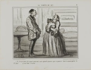 "- No temo por mí, pero si pienso en el pobre Azor que perecerá el 13 de junio... simplemente se me rompe el corazón", lámina 8 de La Cométe De 1857. de Honoré Victorin Daumier
