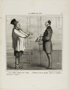 "- No quiero tus créditos... la fecha de caducidad es el 15 de junio y se supone que el mundo se acaba el 13," lámina 2 de La Cométe De 1857 de Honoré Victorin Daumier