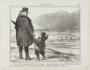 "- ¡Quiero ir en este barco contigo de inmediato, papá, mi niñera dijo que el diluvio vendrá de nuevo, y los únicos que se salvarán, serán los animales en el arca del Sr. Leviatán!", placa 484 de Actualités de Honoré Victorin Daumier