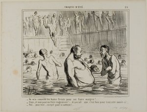 "- Me dijeron que fuera al batha frío para adelgazar. - No me digas, me acaban de decir lo contrario. - ¡A lo mejor este año son buenos para todo! - Cierto para todo, excepto para la limpieza," plato 39 de Croquis D