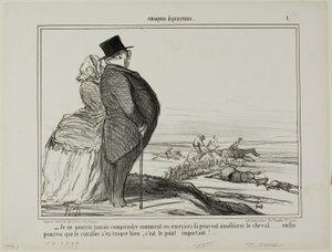 "- Nunca entenderé, cómo se supone que estos ejercicios mejoran la condición de un caballo..... lo único que realmente cuenta es que el jinete se sienta bien," plato 1 de Croquis Équestres de Honoré Victorin Daumier