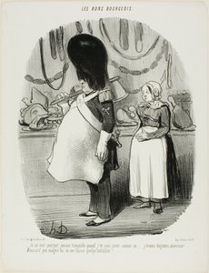 "- Nunca estoy tranquilo cuando te veo salir así... Siempre tengo miedo, Monsieur Moussard, de que sea infiel," plato 67 de Les Bons Bourgeois de Honoré Victorin Daumier