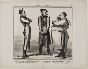 "- Increíble... ¡pero ahora tenemos que dar el peso exacto! - y ya no podemos vender huesos por carne - ¡y el vino tiene que ser vino de verdad! - todo junto ahora: Es repugnante", plato 4 de Croquis Parisiens.