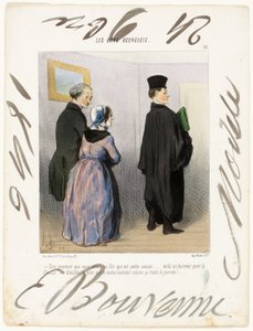 "- ¿No es maravilloso tener un hijo abogado... qué honor para la familia... Adolph, ¡quiero que te quedes vestido así todo el día!...," lámina 21 de Les Bons Bourgeois de Honoré Victorin Daumier