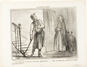 "- Es inútil mostrarle mi apartamento. No alquilamos a madres con niños", placa 1 de Les Portiers De Paris. de Honoré Victorin Daumier