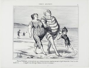 "- Madame Prudhomme, no nos precipitemos, recordemos que la dignidad debe presidir todos los actos de la vida... sólo la dignidad distingue al hombre del resto de los animales", lámina 2 de Croquis Aquatiques de Honoré Victorin Daumier