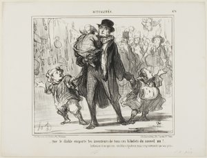 "- ¡Que el diablo se lleve al inventor de todos estos regalos de Año Nuevo!" Reflexión de un padre parisino sensible, generoso pero atormentado, lámina 476 de Actualités de Honoré Victorin Daumier