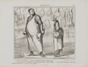 "- Señor carnicero, le deseo un feliz y saludable Año Nuevo... - ¿Qué Va a ser un buen año, este 1858... ¡todos los tenderos de la esquina podrán vender mi cordero!...", lámina 481 de Actualités