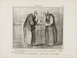 "- Oh, Madame Chaboulard, me pregunto qué pasará en los doce meses venideros... ¡el Año Nuevo empieza en viernes! ... - No me importa, no soy supersticiosa... ¡Sólo creo en el número 13 y en las arañas!", plancha 477 de Actualités