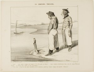 "- Nuestro barco soltó el ancla y se ha ido a la deriva.... estamos atrapados en esta isla solitaria como Robinson Crusoe... y sin nada que comer y sin loro... - Eso es verdad.... y realmente no sé qué comer, una vez que te haya devorado, ¡pobre Cabassol!, de Honoré Victorin Daumier