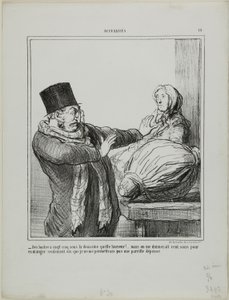"- ¡Ostras a 25 sous la docena, horrible!... Aunque me dieran 100 sous para comer media docena, no me permitiría semejante gasto", plato 18 de Actualités de Honoré Victorin Daumier