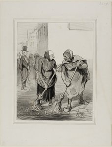 "- Diga entonces, Madme. Giboulard... ¿no está de acuerdo en que no es muy agradable para las mujeres de nuestro género, bajar así todos los días, limpiando las cunetas de St. Honoré... - Es cierto, Madame Chaffarou, pero también podemos alabarnos de ser l de Honoré Victorin Daumier