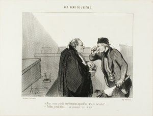 "- Debería ser una gran actuación la de hoy, Sr.Galuchet... - Eso creo... Un caso de asesinato con una violación ... ", placa 31 de Les Gens De Justice de Honoré Victorin Daumier