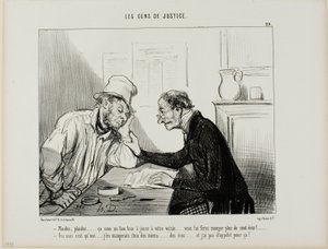 "- Demandarlo.....seguirlo..... Sería un buen truco para jugarle a tu vecino... se comería todos sus ahorros, al menos 100 ecus.... - Sí, pero yo también tendría que consumir mis ahorros y no me apetece nada....," placa 29 de Les Gen de Honoré Victorin Daumier