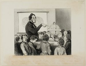 "- Mañana estudiaremos Saturno. Quiero que presten especial atención a este gran planeta .... que, con toda probabilidad, nunca en su vida tendrán la oportunidad de ver", lámina 18 de Professeurs Et Moutards. de Honoré Victorin Daumier