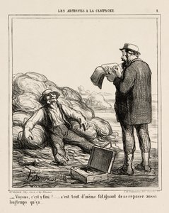 "- Bueno, ¿has terminado por fin... después de todo es agotador relajarse durante tanto tiempo," plato 1 de Les Artistes A La Campagne de Honoré Victorin Daumier