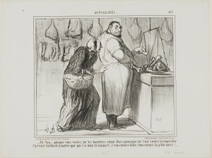 "- Pues si quieres liberar el comercio de los carniceros, ¿por qué te opones a que pese unos huesos con la carne... ¡eres muy raro, como siempre!", plancha 472 de Actualités de Honoré Victorin Daumier