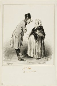 "- Pues sí, es verdad, la hija de Mame Chopin se casó ayer con el hijo de Durand. Acabo de hablar con el joven y por lo que me ha dicho (en plena confidencia), ella debe haber tenido algunos extraños antes que él...", lámina 6 de Les Parisiens. de Honoré Victorin Daumier