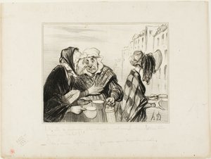 "- ¡Qué alboroto está armando este cara-amarga del quinto piso! Llevando un sombrero para comprar dos tazas de leche por una sopa. - Oh, Madame Capitaine, no estamos elegantes hoy...," plato 36 Tipos Parisinos de Honoré Victorin Daumier