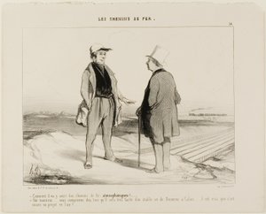 "- ¿Cómo que pronto habrá trenes aéreos - Pero claro, Monsieur... verá, entonces será muy fácil establecer una conexión entre Dover y Calais... pero claro, el proyecto sigue suspendido en el aire", plancha 14 de The Railr de Honoré Victorin Daumier