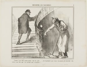 "- Le ruego que vuelva inmediatamente... No permito que mis inquilinos reciban visitas una vez que he limpiado la escalera," placa 1 de Messieurs Les Concierges de Honoré Victorin Daumier