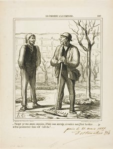 "- Parece que te gusta hacer mi trabajo. A cambio podría ofrecerte hacer tu trabajo: Iré a dar un paseo en tu carruaje", plato 249 de Les Parisiens A La Campagne. de Honoré Victorin Daumier