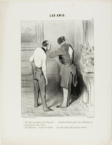 "- Tu traje encaja.... Te lo cojo prestado... sólo que, por favor, cierra la puerta, noto una corriente de aire en la espalda. - Oh ráfaga, la puerta está cerrada,..... pero acabas de abrir el único traje que tengo," plato 5 de Les Amis de Honoré Victorin Daumier