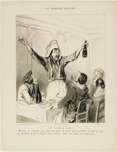 Un último brindis "Señores, no volvamos a bordo sin un último brindis en honor de las dos cosas que, sobre todo, dan encanto a nuestras vidas... ¡brindemos por las damas y por la ternera fría!", plato 18 de Les Canotiers Parisiens.