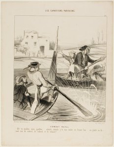 Un combate naval. "- ¡Así que insultaste mi bandera!.... ¡espera, espera a que te hunda de un golpe!..... o mejor aún, te salpicaré con agua por la izquierda y por la derecha y por detrás y...." plato 20 de Les Canotiers Parisiens