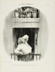 Un vecino se queja del riego de su césped, lámina diez de Les Bons Bourgeois de Honoré Victorin Daumier