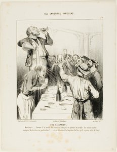 Una recepción. "Señores..... brindemos a la salud de los regatistas franceses en general y al nuevo compañero Greluchon en particular!.... y mientras esperamos su bautismo de fuego, le daremos mientras tanto uno con agua", placa 10 de Les Canoti. de Honoré Victorin Daumier