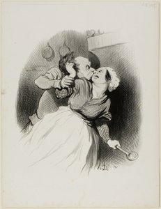 El retorno de la juventud. "Grita todo lo que quieras, diablillo.... mi mujer no está en casa.... ¡arráncame el pelo a gusto!", lámina 50 de Les beaux Jours de la vie. de Honoré Victorin Daumier