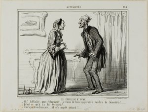 Un rival del Sr. Hume. "- Oh Adelaide, qué experiencia.... ¡Acabo de hacer aparecer la sombra de Sesostris delante de mí! - ¿Y qué te dijo Sesostris - Me habló en francés... ¡y me llamó jeta!", lámina 384 de Actualités de Honoré Victorin Daumier